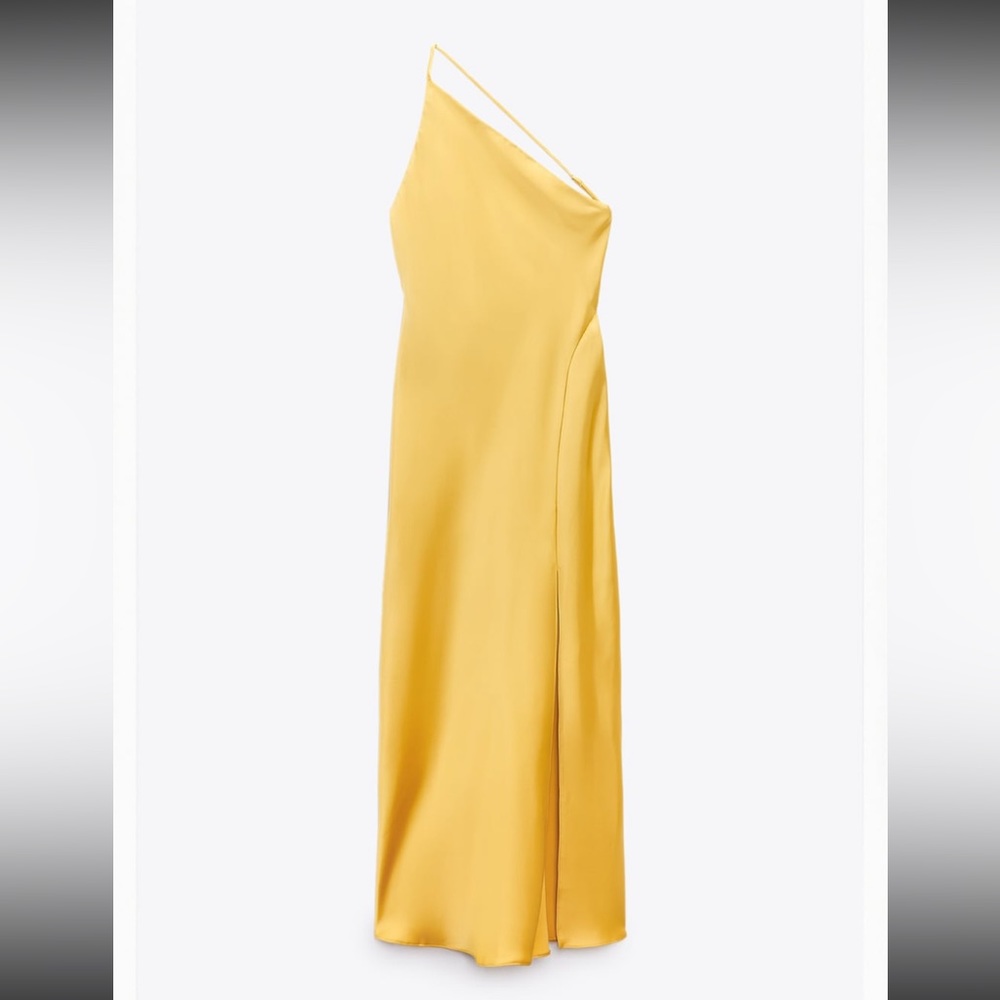 One shoulder, yellow/gold satin Zara maxi dress